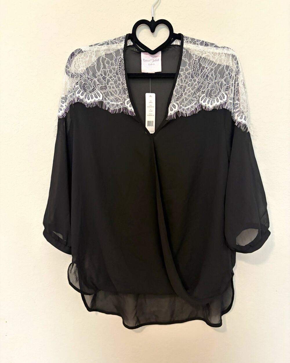NWT Romeo & Juliet Couture Black Sheer High-Low White Lace V-Neck 3/4 Blouse L